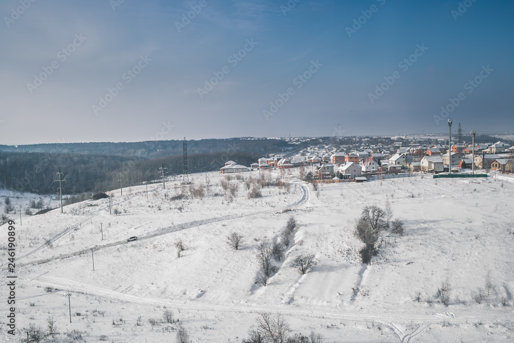 Panoramic view of the winter town from the air
