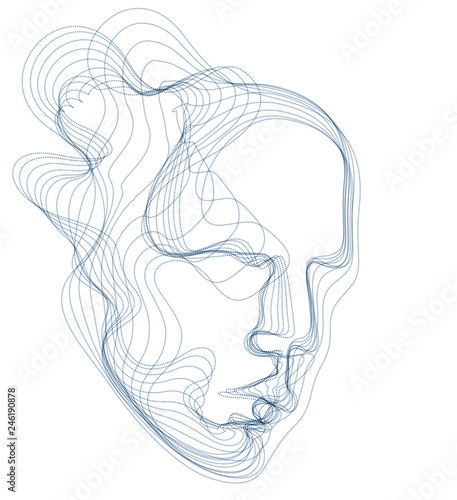 Digital soul of machine, Artificial Intelligence software visualization of human head made of dotted particles flowing wave lines array. Technical era period of evolution.