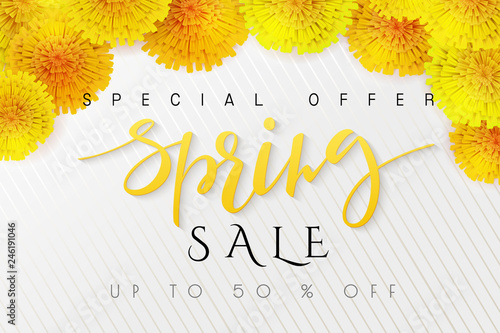 Vector illustration of spring promotion banner template with hand lettering label - spring - with realistic yeallow dandelion flowers photo