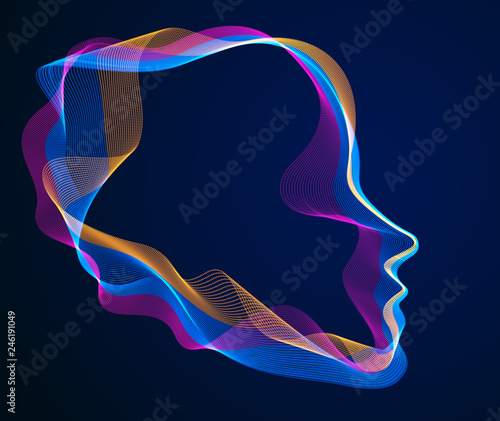 Spirit of digital electronic time, Artificial Intelligence vector illustration of human head made of dotted particles wave lines, particle flow, technological soul of machine.