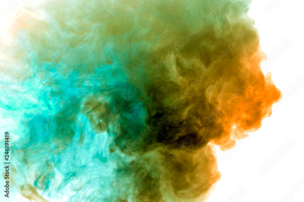 A thick column of smoke rises up as a cloud exhaled from a vape on a white background is highlighted in yellow and blue color.