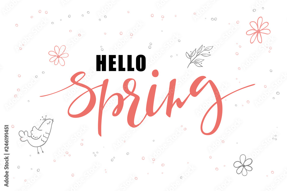 vector hand lettering hello spring greetings label with doodle hanging baubles and flowers