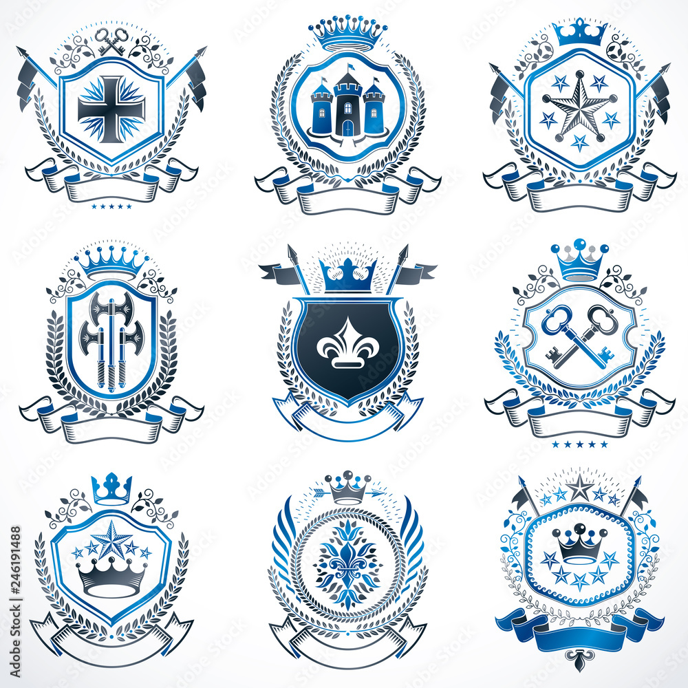 Vector classy heraldic Coat of Arms. Collection of blazons stylized in vintage design and created with graphic elements, royal crowns and flags, stars, towers, armory, religious crosses. Vector classy heraldic Coat of Arms. Collection of blazons stylized in vintage design and created with graphic elements, royal crowns and flags, stars, towers, armory, religious crosses.