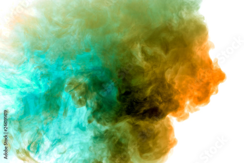 A thick column of smoke rises up as a cloud exhaled from a vape on a white background is highlighted in yellow and blue color.