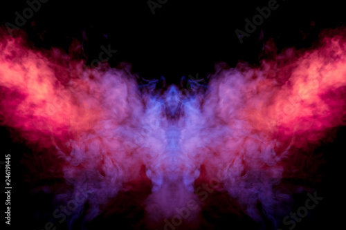 Fiery moth with spread wings on a black background in a neon brightly lit swirling haze of purple-pink and red colors, a mystical creature in a fire.
