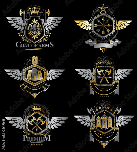 Vintage heraldry design templates, vector emblems created with bird wings, crowns, stars, armory and animal illustrations. Collection of vintage style symbols.