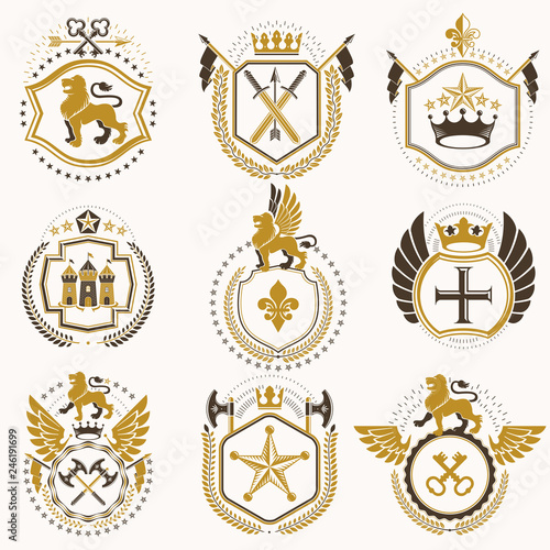 Set of vector retro vintage insignias created with design elements like medieval castles  armory  wild animals  imperial crowns. Collection of coat of arms.