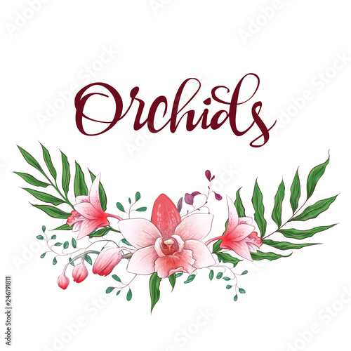 Floral design frame. Orchid, eucalyptus, greenery. Wedding card.