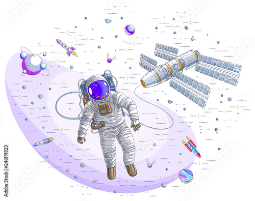 Astronaut went out into open space connected to space station, spaceman floating in weightlessness and iss spacecraft surrounded by rockets, stars and other elements. Vector illustration isolated.