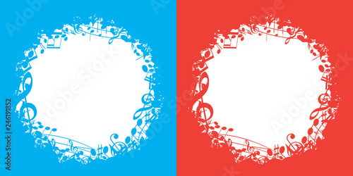 blue and red vector music backgrounds with white center and musical notes