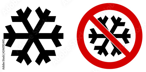 Simple black snowflake icon meaning winter / cold / freeze. Also version in red circle means "do not refrigerate"