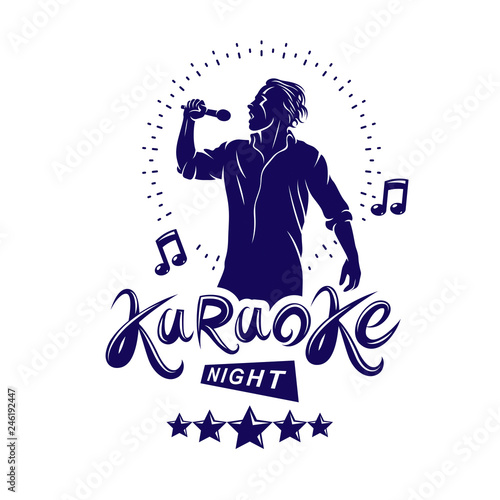 Karaoke night and nightclub discotheque vector invitation poster created with musical notes, stars and soloist singing and holding a microphone in hand.