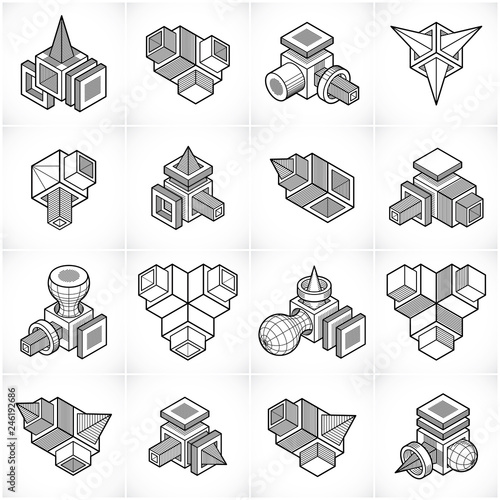 Abstract three dimensional shapes set, vector designs.