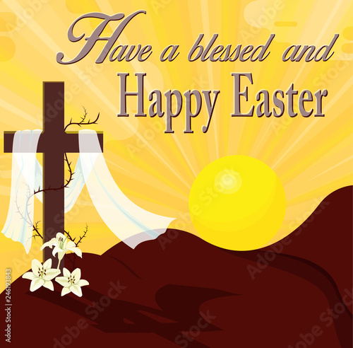  Sunrise lighting and Easter Cross. Silhouette of wooden cross with shroud and lilies