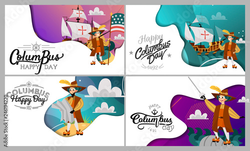 Columbus Day set with ship map helm compass symbols greeting card lettering text logo design