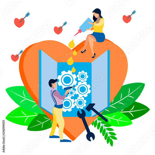 Valentines Day. Couple in love mending a broken heart. In minimalist style. Flat isometric