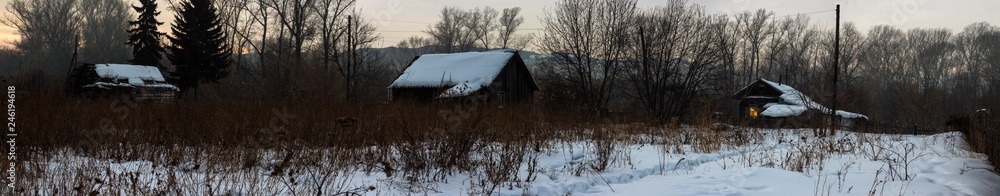 abandoned village houses winter evening panorama