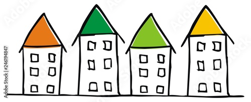 Group of houses, funny vector illustration, sketch. Multicolored roofs on different houses. City made up of houses with colorful roofs.