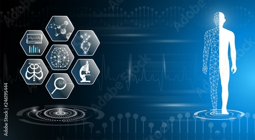 abstract background technology concept in blue light,brain and human body heal ,technology modern medical science in future and global international medical with tests analysis clone DNA human