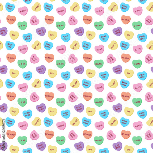 Candy Hearts Seamless Pattern - Pastel rainbow conversation heart candy design for Valentine's Day