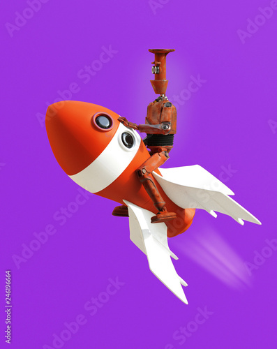 robot on rocket 3d render photo