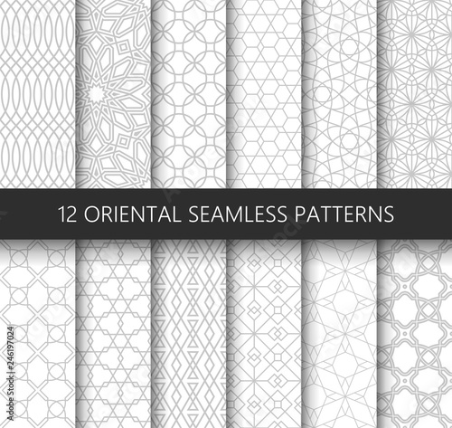 Set of 12 vector ornamental seamless patterns. Collection of geometric patterns in the oriental style. Patterns added to the swatch panel.