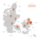 Stylized vector Denmark map showing big cities, capital Copenhagen, administrative divisions and country borders
