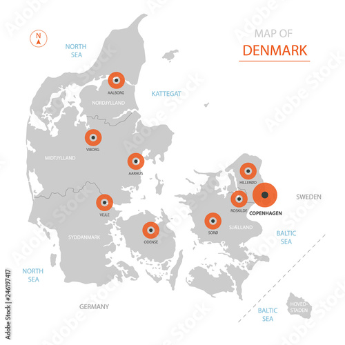 Stylized vector Denmark map showing big cities, capital Copenhagen, administrative divisions and country borders