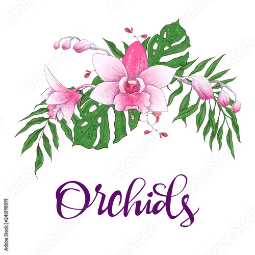 Floral design frame. Orchid, eucalyptus, greenery. Wedding card.
