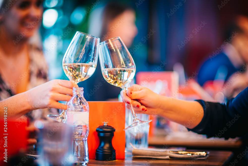 Conversation couple man woman friends saluting toasting cheers with