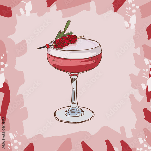 Clover club cocktail illustration. Alcoholic classic bar drink hand drawn vector. Pop art