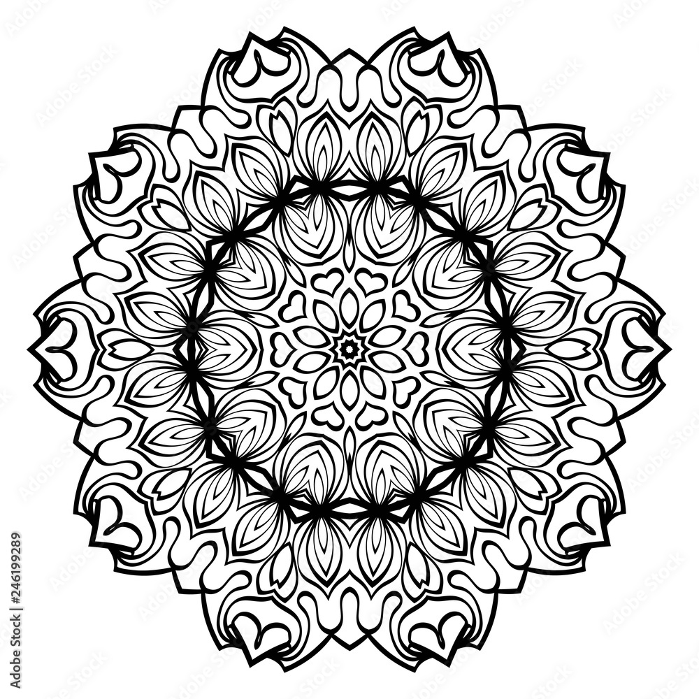 Hand-Drawn Henna Ethnic Mandala. Circle Lace Ornament. Vector Illustration. For Coloring Book, Greeting Card, Invitation, Tattoo. Anti-Stress Therapy Pattern. Black and white