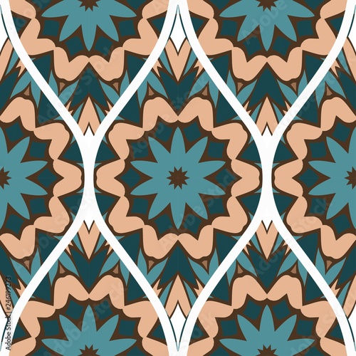 Pattern Of Abstract Mandala Flowers. Seamless Vector Illustration. For Design Greeting Cards, Backgrounds, Wallpaper, Interior Design. Tribal Ethnic Arabic, Fashion Decorative Ornament.