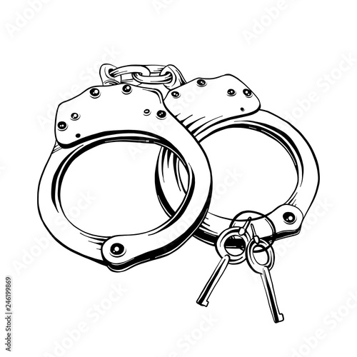 Vector engraved style illustration for posters, decoration and print. Hand drawn sketch of handcuffs in black isolated on white background. Detailed vintage etching style drawing.