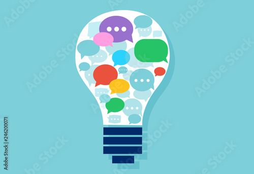 Vector of a light bulb with multiple speech bubbles inside.