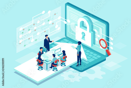 Isometric vector of a team working designing new software to protect personal data