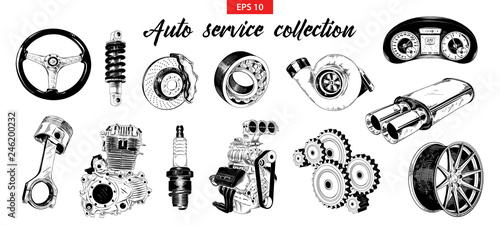 Vector engraved style illustration for posters, decoration. Hand drawn sketch set of auto or car service elements isolated on white background. Detailed vintage etching drawing.