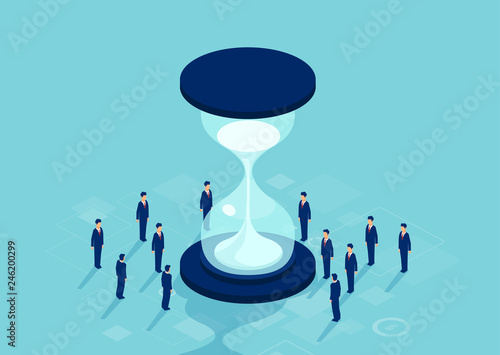 Vector of group of businessmen standing around hourglass solving a problem