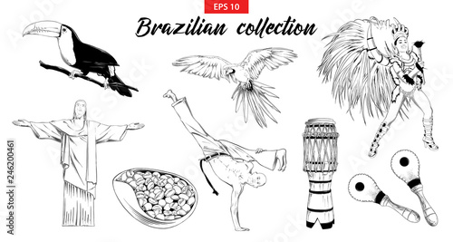 Vector engraved style illustration for logo, emblem, label or poster. Hand drawn sketch set of Brazilian carnival dancer, drum etc. isolated on white background. Detailed vintage doodle drawing.