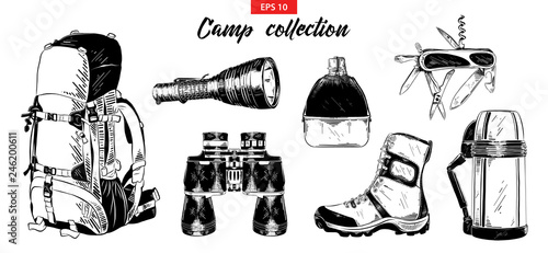 Vector engraved style illustration for logo, emblem, label or poster. Hand drawn sketch set of camping elements isolated on white background. Detailed vintage doodle drawing.