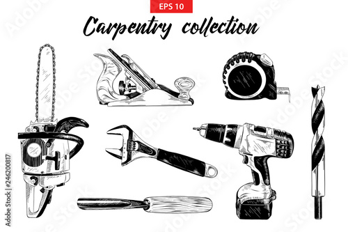 Vector engraved style illustration for logo, emblem, label or poster. Hand drawn sketch set of carpentry tools isolated on white background. Detailed vintage doodle drawing.