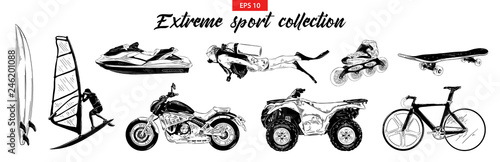Vector engraved style illustration for logo, emblem, label or poster. Hand drawn engraved sketch set of extreme sports isolated on white background. Detailed vintage doodle drawing.