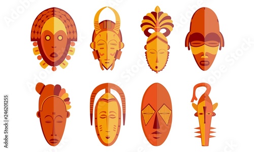 Ethnic masks set in Vector illustration. African tribal mask icon collection - Red Color (CI) - Images vectorielles 