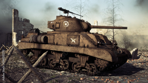 American allied medium tank stands ready on a World War II battlefield. 3d rendering photo