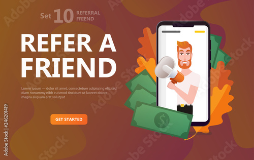 Friend sharing refer. Man character hipster shout on megaphone with Refer a friend word concept. Referral code, programm for mobile app, landing page template, ui, web,  poster, banner, flyer -vector