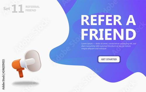 Big 3d megaphone with refer a friend word vector illustration concept. Design can use for landing page, template, ui, web, mobile app, poster, banner, flyer, background - Modern web design - Vector