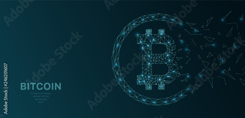Polygonal wireframe mesh futuristic with bitcoin crypto concept sign on dark background. Vector lines, dots and triangle shapes, connecting network, digital molecules technology, connection structure.