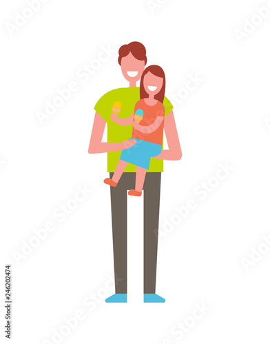 Dad holding daughter on hands vector illustration isolated on white. Father and little girl smiling and having fun together, happy family kid and parent