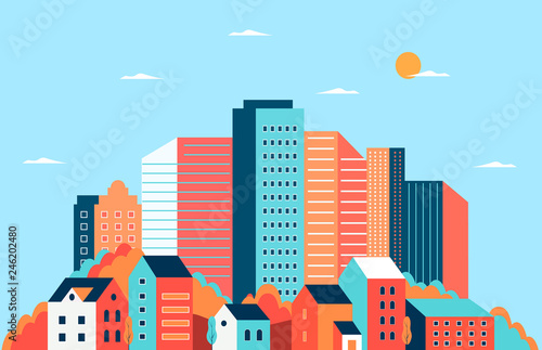 Trendy vector illustration with cityscape. City with skyscrapers and traditional buildings and houses.
