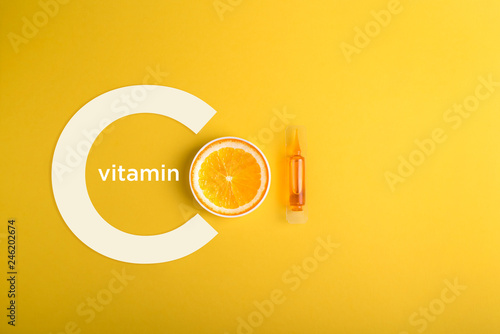 Immunity protection concept, antiviral prevention Serum and cosmetics with vitamin C.  Essential oil from citrus fruits.